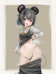 Rule 34 | 1girl, animal ear fluff, animal ears, clothes lift, clothes pull, cookie (touhou), grey hair, groin, heart, heart-shaped pupils, highres, lifted by self, mouse ears, navel, nazrin, nyon (cookie), panties, purple eyes, shirt lift, short hair, simple background, skirt, skirt pull, solo, string panties, sweat, symbol-shaped pupils, tail or, thong, touhou, underwear