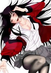 Rule 34 | 1girl, black hair, black pantyhose, blazer, bra, breasts, cleavage, collarbone, dress shirt, hand on own chest, highres, houndstooth, jabami yumeko, jacket, kakegurui, lace, lace-trimmed bra, lace trim, large breasts, lips, lipstick, long hair, looking at viewer, lying, makeup, nail polish, on back, open mouth, pantyhose, pink bra, red eyes, red lips, red nails, school uniform, shelty, shirt, skirt, solo, thighband pantyhose, underwear, very long hair, white shirt
