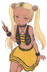 Rule 34 | 1girl, arm tattoo, blonde hair, boxcutter, bracelet, brown eyes, child, choker, dark skin, dark-skinned female, earrings, female focus, flat chest, holding, holding weapon, jewelry, looking at viewer, midriff, navel, navel piercing, nitera1041, open mouth, original, personification, piercing, pleated skirt, simple background, sitting, skirt, solo, tattoo, twintails, vest, weapon, white background, yellow skirt