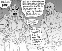Rule 34 | 1boy, 1girl, armor, bara, bb (baalbuddy), boobplate, breastplate, chest hair, chest harness, commentary, covered face, crossdressing, emphasis lines, english commentary, english text, full armor, gauntlets, greyscale, hands on own hips, harness, helmet, highres, monochrome, muscular, muscular male, navel, original, pauldrons, scar, scar across eye, scar on face, shoulder armor, virginia kissless