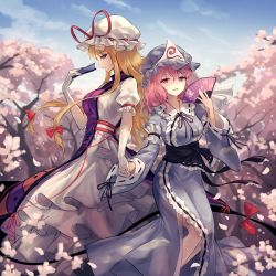 Rule 34 | 2girls, bagua, banned artist, blonde hair, blue kimono, blue sash, blush, breasts, cherry blossoms, collar, commentary, duplicate, elbow gloves, flame print, frilled collar, frilled kimono, frills, gloves, hair ribbon, hand fan, hat, hat ribbon, highres, holding, holding fan, holding hands, japanese clothes, kimono, large breasts, long hair, long sleeves, looking at viewer, minust, mob cap, multiple girls, obi, pink eyes, pink hair, red ribbon, ribbon, ribbon-trimmed collar, ribbon-trimmed sleeves, ribbon trim, saigyouji yuyuko, sash, sideways glance, symbol-only commentary, tabard, touhou, tress ribbon, triangular headpiece, trigram, white gloves, wide sleeves, yakumo yukari, yin yang, yin yang print