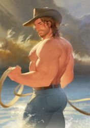 Rule 34 | 1boy, absurdres, arthur morgan, ass, bara, belt, biceps, body hair, broad shoulders, brown hair, cowboy hat, day, facial hair, hat, henrryxv, highres, huge ass, large pectorals, long hair, male focus, manly, muscular, muscular male, nipples, pants, pectoral cleavage, pectorals, red dead redemption 2, river, rope, solo, thick arms, thick thighs, thighs, topless male
