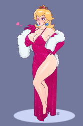 Rule 34 | 1girl, blonde hair, blowing kiss, blue eyes, breasts, cleavage, covered navel, dress, gloves, heart, heels, highres, large breasts, legs, lipstick, long hair, makeup, mario (series), nintendo, one eye closed, princess, princess peach, puckered lips, riz, solo, super mario all stars, thick thighs, thighs