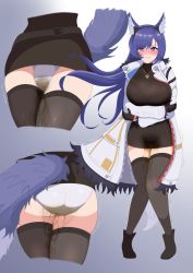 Rule 34 | 1girl, absurdres, animal ear fluff, animal ears, ass, belt, black dress, black footwear, black gloves, black hairband, black thighhighs, blue hair, blush, bralines, breasts, clenched teeth, close-up, clothing cutout, coat, commission, crossed arms, crotch, dress, echocalypse, female focus, fenrir (echocalypse), fox ears, fox girl, fox tail, from behind, full body, fur-trimmed coat, fur-trimmed sleeves, fur trim, gloves, gradient background, grey background, hairband, highres, jewelry, large breasts, long hair, long sleeves, looking at viewer, multiple views, necklace, nose blush, open clothes, open coat, oreon z, panties, pantyshot, pee, peeing, peeing self, purple eyes, raised eyebrows, shoes, sidelocks, simple background, skeb commission, skindentation, standing, straight-on, sweater, sweater dress, tail, tail through clothes, teeth, textless version, thighhighs, thighs, trembling, underwear, upskirt, wet, wet clothes, wet panties, white coat, zettai ryouiki, zipper