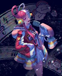 Rule 34 | 1girl, absurdres, bare legs, character name, clothes writing, cloud, collar, dark background, dress, feet out of frame, frilled collar, frills, hair over one eye, headgear, highres, holding, holding microphone, hood, hooded jacket, jacket, looking at viewer, low twintails, microphone, multicolored clothes, multicolored hair, music, musical note, one piece, one piece film: red, open mouth, purple eyes, red hair, singing, sparkling eyes, star (symbol), twintails, two-tone hair, uta (one piece), very long sleeves, white dress, white hair, yuzhen