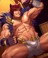 Rule 34 | 1boy, abs, absurdres, animal ears, arkapami, bandaged arm, bandages, bara, bare pectorals, boxer briefs, cropped jacket, facial hair, feather boa, fingerless gloves, gloves, highres, jacket, jewelry, large pectorals, league of legends, looking at viewer, male focus, male underwear, muscular, muscular male, navel, necklace, nipples, open clothes, open jacket, pectorals, red eyes, scar, scar on face, scar on nose, sett (league of legends), short hair, sitting, smile, solo, stubble, teeth, thick thighs, thighs, underwear, white male underwear