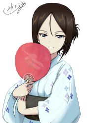 Rule 34 | 10s, 1girl, alternate hair length, alternate hairstyle, artist name, black hair, blue eyes, blue kimono, bukkuri, dated, girls und panzer, hair up, hand fan, holding, japanese clothes, kimono, long hair, long sleeves, looking at viewer, nonna (girls und panzer), obi, paper fan, parted lips, print kimono, sash, short hair, signature, simple background, smile, solo, standing, swept bangs, upper body, white background, wide sleeves