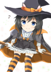 Rule 34 | 1girl, asashio (kancolle), black dress, black hair, blue eyes, blush, bow, bowtie, broom, closed mouth, commentary, dress, dress shirt, english commentary, faster crisis, from above, gloves, hat, kantai collection, long hair, looking at viewer, musical note, orange bow, orange bowtie, shirt, sitting, smile, solo, striped clothes, striped thighhighs, thighhighs, white gloves, white shirt, witch hat