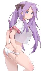 Rule 34 | 1girl, ass, bad id, bad pixiv id, blue eyes, bow, breasts, crop top, crop top overhang, hair bow, hiiragi kagami, long hair, looking at viewer, looking to the side, lucky star, ludaf, medium breasts, no pants, panties, panty pull, purple hair, revision, school uniform, see-through, serafuku, shirt, short sleeves, simple background, solo, sweat, thighs, twintails, underwear, very long hair, white background, white panties, white shirt