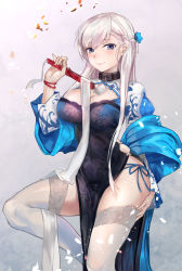 Rule 34 | 1girl, alternate costume, azur lane, belfast (azur lane), belfast (iridescent rosa) (azur lane), belfast (iridescent rosa) (azur lane), bkko, blue dress, blue eyes, blue panties, braid, breasts, chain, china dress, chinese clothes, cleavage cutout, closed mouth, clothing cutout, collar, commentary request, dress, flower, french braid, hair flower, hair ornament, hand fan, hand on own hip, highres, holding, holding fan, large breasts, leg up, looking at viewer, panties, pelvic curtain, side-tie panties, side braid, sidelocks, silver hair, smile, standing, string panties, thighhighs, thighs, underwear, white thighhighs, wristband