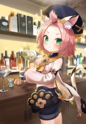 Rule 34 | 1girl, alcohol, animal ear fluff, animal ears, bag, bare shoulders, bartender, blush, bottle, cabbie hat, cat ears, cat tail, child, cup, detached sleeves, diona (genshin impact), drinking glass, genshin impact, green eyes, hair ornament, hat, highres, j2l, long sleeves, looking at viewer, paw print, pink hair, sake, short hair, shorts, sleeveless, solo, standing, tail, wine bottle, wine glass