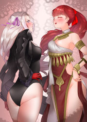 Rule 34 | 2girls, absurdres, alternate costume, ass, black jacket, black legwear, black leotard, blush, bow, bracelet, breasts, cleavage, commentary request, cosplay, costume switch, crossover, dancer, dancer (fire emblem: three houses), dress, earrings, edelgard von hresvelg, embarrassed, fire emblem, fire emblem: three houses, gloves, hair ribbon, hana-ko (kahun9893), highres, jacket, jewelry, large breasts, leotard, long hair, long sleeves, looking at viewer, midriff, multiple girls, navel, nintendo, open mouth, persona, persona 5, persona 5 the royal, ponytail, red eyes, red gloves, red hair, ribbon, simple background, single-shoulder dress, smile, thighhighs, weapon, yoshizawa kasumi