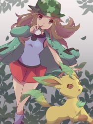 Rule 34 | 1girl, 343rone, absurdres, blue shirt, blue socks, brown eyes, brown hair, buttons, camouflage, camouflage headwear, coat, coat on shoulders, commentary request, creatures (company), eyelashes, floating hair, game freak, gen 4 pokemon, green coat, hand up, hat, highres, holding, holding poke ball, kneehighs, knees, leaf (pokemon), leaf (sygna suit) (pokemon), leafeon, long hair, nintendo, official alternate costume, pleated skirt, poke ball, pokemon, pokemon (creature), pokemon frlg, pokemon masters ex, red skirt, safari ball, shirt, skirt, sleeveless, sleeveless shirt, socks, twitter username, watermark, wristband