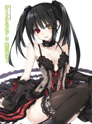 Rule 34 | 10s, 1girl, :d, arm warmers, bare shoulders, black hair, black thighhighs, blush, breasts, choker, cleavage, clock, clock eyes, collar, collarbone, corset, date a live, detached sleeves, female focus, garter straps, heterochromia, highres, lace, lace-trimmed legwear, lace trim, legs, long hair, long legs, looking at viewer, medium breasts, novel illustration, official art, open mouth, sitting, smile, solo, symbol-shaped pupils, thighhighs, tokisaki kurumi, tsunako, twintails