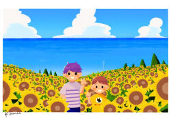 Rule 34 | 2boys, ahoge, artist name, black eyes, blue pants, blue sky, blush stickers, boku (boku no natsuyasumi), boku no natsuyasumi, border, brown hair, child, cloud, cloudy sky, commentary request, cumulonimbus cloud, field, flower, flower field, hand on own hip, height difference, horizon, jack-o&#039; ran-tan, jitome, kitamura (ktmrdayo0330), looking at viewer, male focus, multiple boys, napoli no otokotachi, open mouth, outdoors, pants, shirt, short hair, short sleeves, side-by-side, sky, smile, solid oval eyes, standing, striped clothes, striped shirt, summer, sunflower, sunflower field, t-shirt, v, white border, yellow shirt