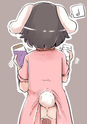 Rule 34 | 1girl, animal ears, ass, bar censor, black hair, censored, commentary request, cowboy shot, dress, facing away, floppy ears, from behind, grey background, hands up, highres, holding, inaba tewi, lifted by tail, musical note, no panties, ooyama bokuchi, outline, petite, pink dress, pussy, rabbit ears, rabbit tail, short hair, short sleeves, simple background, solo, spoken musical note, standing, tail, thigh gap, touhou, wardrobe malfunction, white outline