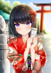 Rule 34 | 1girl, black hair, blurry, blurry background, blush, closed mouth, commentary request, day, depth of field, floral print, flower, hair flower, hair ornament, hands up, highres, holding, japanese clothes, kimono, obi, original, outdoors, print kimono, purple eyes, red flower, red kimono, sash, short hair, smile, solo, taiki ken, torii, upper body, wide sleeves