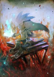 Rule 34 | 1boy, animal ears, aoki (fumomo), boots, chest hair, energy, fire, furry, furry male, gloves, hedgehog, jewelry, light, psychic, ring, ruins, serious, silver the hedgehog, sitting, sonic (series), spines, tail, white hair, yellow eyes