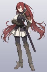 Rule 34 | 1girl, absurdres, armor, asao (vc), boots, brown footwear, brown gloves, fire emblem, fire emblem fates, full body, gambeson, gloves, hair between eyes, highres, knee boots, long hair, nintendo, red eyes, red hair, severa (fire emblem), sheath, sheathed, shoulder armor, solo, sword, twintails, weapon