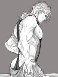 Rule 34 | 1boy, abs, ass, chain12123871, closed eyes, dio brando, earrings, highres, jewelry, jojo no kimyou na bouken, long hair, male focus, monochrome, muscular, muscular male, nipples, partially submerged, pectorals, revealing clothes, scar, scar on neck, solo, stardust crusaders, water, wet