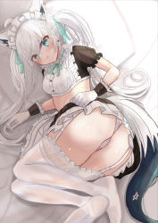 Rule 34 | 1girl, absurdres, ahoge, alternate costume, animal ear fluff, animal ears, ass, bed sheet, blush, braid, breasts, commentary request, crop top, earrings, enmaided, fox ears, fox girl, fox tail, frilled skirt, frills, garter belt, gloves, green eyes, green ribbon, hair between eyes, hair ribbon, highres, hololive, jewelry, lace, lace-trimmed legwear, lace trim, long hair, looking at viewer, lying, maid, maid headdress, matudo yuu, on side, panties, pantyshot, pentagram, pout, ribbon, shirakami fubuki, short sleeves, sidelocks, single braid, skirt, small breasts, solo, tail, thighhighs, twintails, underwear, virtual youtuber, white gloves, white hair, white panties, white thighhighs