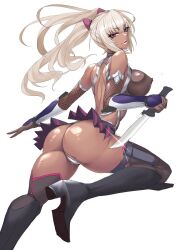 Rule 34 | 1girl, adapted costume, ass, ass focus, bare shoulders, black leotard, blonde hair, blush, boots, breasts, cameltoe, cosplay, curvy, dark-skinned female, dark skin, fingerless gloves, gloves, highleg, highleg leotard, holding, holding weapon, huge ass, jumping, kangoku senkan, kangoku senkan 3, kila kushan, ky., large breasts, legs apart, leotard, lips, long hair, looking at viewer, looking back, open mouth, partially visible vulva, revealing clothes, see-through, see-through leotard, shiny clothes, shiny skin, skirt, smile, solo, spread legs, taimanin (series), taimanin suit, taimanin yukikaze, thigh boots, thong leotard, twintails, weapon, white background, wide hips