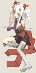 Rule 34 | 1girl, black skirt, brown eyes, elbow gloves, fang, full body, gloves, grey background, grey gloves, horns, japanese clothes, long hair, looking at viewer, nekomegane, oni horns, open mouth, original, pleated skirt, rubbing eyes, simple background, skirt, soles, solo, thighhighs, thighhighs pull, twintails, white hair
