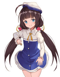 Rule 34 | 10s, 1girl, ahoge, april cho, beret, between fingers, blue dress, blue eyes, blunt bangs, blush, board game, brown hair, closed mouth, commentary request, cowboy shot, dress, hat, head tilt, highres, hinatsuru ai, holding, layered sleeves, long hair, long sleeves, looking at viewer, low twintails, puffy short sleeves, puffy sleeves, ryuuou no oshigoto!, school uniform, shogi, short over long sleeves, short sleeves, simple background, smile, solo, twintails, very long hair, white background, white hat