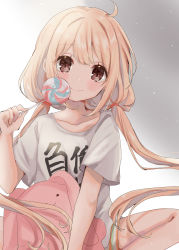 Rule 34 | 1girl, blonde hair, brown eyes, brown hair, candy, closed mouth, clothes writing, food, futaba anzu, highres, holding, holding candy, holding food, holding stuffed toy, idolmaster, idolmaster cinderella girls, long hair, looking at viewer, low twintails, rino cnc, shirt, short sleeves, smile, solo, stuffed animal, stuffed rabbit, stuffed toy, t-shirt, twintails, you work you lose