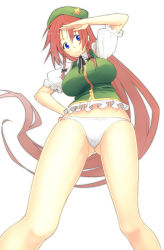 Rule 34 | 1girl, beret, blue eyes, blush, braid, breasts, female focus, from below, hand on own hip, hat, hip focus, hiroya juuren, hong meiling, impossible clothes, impossible shirt, large breasts, legs, long hair, looking at viewer, looking down, no pants, panties, red hair, salute, shirt, simple background, sleeveless, sleeveless shirt, smile, solo, standing, surprised, touhou, twin braids, underwear, very long hair, white background, wide-eyed