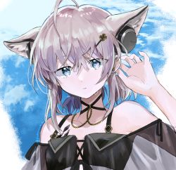 Rule 34 | 1girl, ahoge, alternate hairstyle, animal ears, arknights, arm up, bare shoulders, blue eyes, brown hair, commentary request, fox ears, fox girl, hair between eyes, hair ornament, hairclip, hand on own ear, headphones, highres, kobarisusuz, looking at viewer, material growth, official alternate costume, oripathy lesion (arknights), parted lips, portrait, short hair, solo, sussurro (arknights), sussurro (summer flower) (arknights), swimsuit, touching ears
