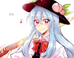Rule 34 | 1girl, 6 (yuchae), blue hair, blush, bow, food, fruit, hat, hat ornament, hinanawi tenshi, long hair, musical note, over shoulder, peach, red eyes, simple background, smile, solo, sword, touhou, weapon, weapon over shoulder