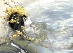 Rule 34 | 1boy, black hair, branch, closed eyes, coat, unworn coat, e.g.o (project moon), flower, gapamopa, grey coat, hair flower, hair ornament, highres, jacket, korean text, limbus company, long sleeves, pants, parted lips, partially submerged, project moon, solo, wet, wet hair, white jacket, white pants, wide sleeves, yellow flower, yi sang (project moon)
