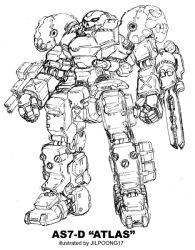 Rule 34 | atlas (battletech), battletech, character name, english text, greyscale, jilpoong17, mecha, monochrome, no humans, robot, simple background, sketch, skull, solo, weapon, white background