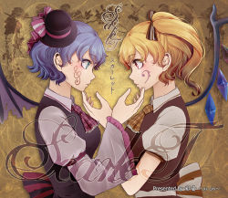 Rule 34 | 2girls, album cover, alternate costume, aqua eyes, ascot, bad id, bad pixiv id, bass clef, bat wings, blonde hair, bow, collared shirt, contemporary, cover, face-to-face, flandre scarlet, hair bow, hat, looking at another, mini hat, mini top hat, monicanc, multiple girls, purple hair, remilia scarlet, shirt, short hair, side ponytail, symmetry, top hat, touhou, treble clef, upper body, vest, wide sleeves, wings, yellow eyes