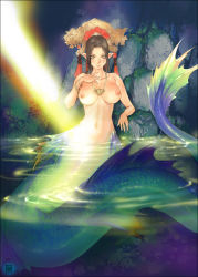 Rule 34 | 1girl, ariverkao, bangle, blush, bracelet, breasts, breasts apart, brown hair, completely nude, curvy, fins, grey eyes, hair ribbon, hand on own chest, headdress, in water, jewelry, large breasts, light rays, lips, long tail, looking at viewer, mermaid, monster girl, moss, navel, necklace, nipples, nude, original, pendant, pointy ears, ribbon, scales, smile, solo, stone wall, sunbeam, sunlight, tail, tassel, wall, water