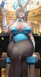 Rule 34 | 1girl, animal ears, ass, asuna (blue archive), blonde hair, blue archive, blue eyes, breasts, clothes, curvy, elbow gloves, fake animal ears, fake bunny ears, female focus, gloves, highres, long hair, looking at viewer, medium breasts, sitting, smile, solo, thick thighs, thighs, white gloves, yoshio (55level)