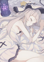 Rule 34 | 1girl, alternate costume, armpit crease, bare arms, bare legs, bare shoulders, bed, bed sheet, blunt bangs, blush, breasts, cleavage, closed eyes, dress, eyelashes, feet out of frame, frills, grey hair, hat, highres, hololive, lamp, lantern, long hair, loose clothes, lying, murasaki shion, nightgown, official alternate costume, official art, on bed, on side, open mouth, pale skin, parted lips, pillow, short dress, short eyebrows, sideboob, sidelocks, sleeping, sleeveless, sleeveless dress, small breasts, smile, solo, star (symbol), tam-u, thighs, virtual youtuber, white dress, white hat, witch hat