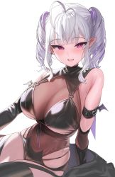Rule 34 | 1girl, antenna hair, arm strap, bare shoulders, black gloves, black thighhighs, blush, breasts, cleavage, elbow gloves, gloves, highres, kanzarin, large breasts, looking at viewer, open mouth, original, parted lips, pointy ears, purple eyes, simple background, smile, solo, thighhighs, twintails, white background, white hair