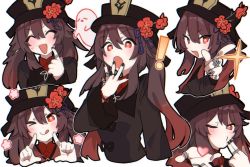 Rule 34 | !, &gt; o, 1girl, :d, :o, :q, ;q, black nails, blush, brown hair, closed mouth, collared shirt, commentary request, cropped torso, expressions, closed eyes, finger gun, flower, genshin impact, ghost, hair between eyes, hand to own mouth, hat, hat flower, hat ornament, heart, hu tao (genshin impact), jewelry, long sleeves, multiple views, nail polish, nervous, nervous smile, niboshi (jnls hkg), one eye closed, open mouth, plum blossoms, pointing, pointing at self, red eyes, red shirt, ring, shirt, smile, sparkle, tongue, tongue out, twintails, v-shaped eyebrows