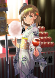 Rule 34 | 1girl, :q, bad id, bad pixiv id, blonde hair, blush, candy apple, carrot hair ornament, cotton candy, festival, floral print, food, food-themed hair ornament, forest, from side, grass, hair ornament, holding, holding food, japanese clothes, kimono, long sleeves, looking at viewer, looking back, market stall, mask, mask on head, nature, obi, one side up, original, outdoors, sash, solo, standing, striped, tongue, tongue out, tree, vertical stripes, wide sleeves, yellow eyes, yoropa, yukata