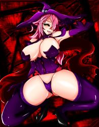 Rule 34 | 1girl, arc system works, artist request, ass, bare shoulders, black sclera, blazblue, blazblue: central fiction, breasts, cape, cleavage, colored sclera, covered erect nipples, dress, gloves, hat, high heels, highres, huge breasts, konoe a. mercury, long hair, looking at viewer, open mouth, panties, pantyshot, phantom (blazblue), pink hair, shiny skin, smile, solo, squatting, standing, thighhighs, thong, tongue, underwear, witch, witch hat