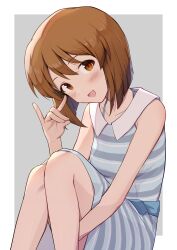 Rule 34 | 1girl, absurdres, blue dress, blush, bob cut, breasts, brown eyes, brown hair, commentary, dress, fox shadow puppet, grey background, hagiwara yukiho, hand up, highres, idolmaster, idolmaster (classic), looking at viewer, open mouth, short hair, shuucream (syuichi), sitting, sleeveless, sleeveless dress, small breasts, smile, solo, striped clothes, striped dress
