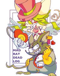 Rule 34 | 1girl, 2boys, animal ears, blush stickers, breasts, ear tag, gloves, green hair, hat, heart, heart (mad rat dead), heart hands, highres, hole on body, leotard, mad rat, mad rat dead, mouse (animal), mouse ears, mouse girl, mouse tail, multiple boys, nippon ichi, rat god, red eyes, rekloro, ribs, stitches, tail, top hat, wings, wrist cuffs