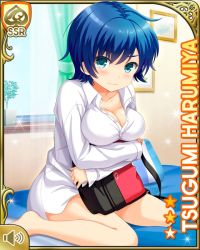 Rule 34 | 1girl, bag, bed, bedroom, blue hair, bottomless, breasts, card (medium), character name, closed mouth, day, female focus, girlfriend (kari), harumiya tsugumi, holding, holding bag, hug, indoors, kneeling, looking at viewer, official art, qp:flapper, red eyes, shirt, short hair, sleeves past wrists, solo, sunlight, tagme, unbuttoned, upset, v-shaped eyebrows, white shirt