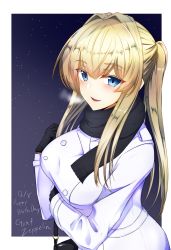 Rule 34 | 1girl, absurdres, alternate costume, bag, blonde hair, blue eyes, blush, breasts, coat, dated, graf zeppelin (kancolle), graphite (medium), hair between eyes, highres, kantai collection, large breasts, long hair, looking at viewer, mechanical pencil, night, night sky, open mouth, pencil, scarf, sidelocks, sky, smile, traditional media, twintails, utsumi karmin, white coat, winter clothes, winter coat