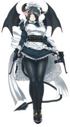 Rule 34 | 1girl, apron, bat wings, belt pouch, black hair, black pantyhose, clothes lift, demon girl, demon tail, demon wings, dress, dress lift, dual wielding, earrings, frills, full body, gun, hair over one eye, handgun, holding, horns, jewelry, luger p08, maid, maid apron, maid headdress, mary janes, mauser c96, original, pantyhose, panzer (p.z), pistol, pointy ears, pouch, purple eyes, shoes, short hair, simple background, solo, standing, tail, thigh gap, weapon, white background, wings