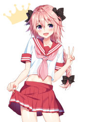 Rule 34 | 1boy, astolfo (fate), astolfo (sailor paladin) (fate), black bow, blouse, blush, bow, braid, braided ponytail, clothes lift, commentary request, cowboy shot, crown, fang, fate/apocrypha, fate/grand order, fate (series), hair between eyes, hair bow, hair intakes, legs apart, lifting own clothes, long hair, looking at viewer, male focus, masuishi kinoto, miniskirt, navel, necktie, official alternate costume, open mouth, pink hair, pink necktie, pleated skirt, purple eyes, red sailor collar, red skirt, red sleeve ends, sailor collar, school uniform, serafuku, shirt, short sleeves, simple background, single braid, skirt, skirt lift, solo, standing, stomach, trap, v, white background, white shirt