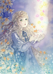 Rule 34 | 1girl, absurdres, blue dress, blue ribbon, blue theme, braid, circle, collared dress, cupping hands, dress, floral print, flower, frilled dress, frills, gradient background, green eyes, hair ribbon, hanasaki taru, highres, leaf, light, light brown hair, light particles, lips, long sleeves, looking up, muted color, orange flower, original, own hands together, parted lips, red ribbon, ribbon, signature, single braid, solo, sparkle, traditional media