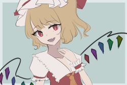 Rule 34 | 0maisar, 1girl, :d, blonde hair, bow, crystal, fang, fangs, flandre scarlet, hair bow, hat, hat ribbon, mob cap, one side up, open mouth, outline, red eyes, red vest, ribbon, simple background, skin fang, smile, touhou, vest, white outline, wings, yellow ribbon